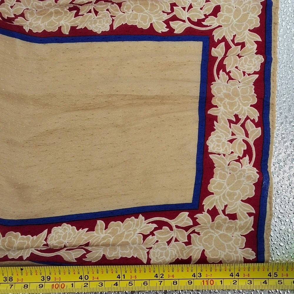 Vintage Tan Swiss Dot Jacquard Silk Scarf Floral Border Red Blue Rectangle 45